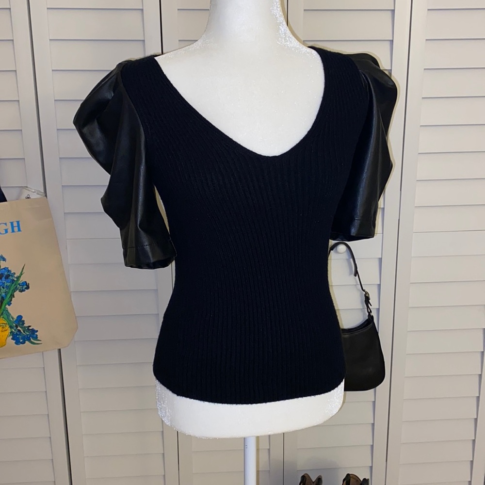 Vegan leather sleeve knit top